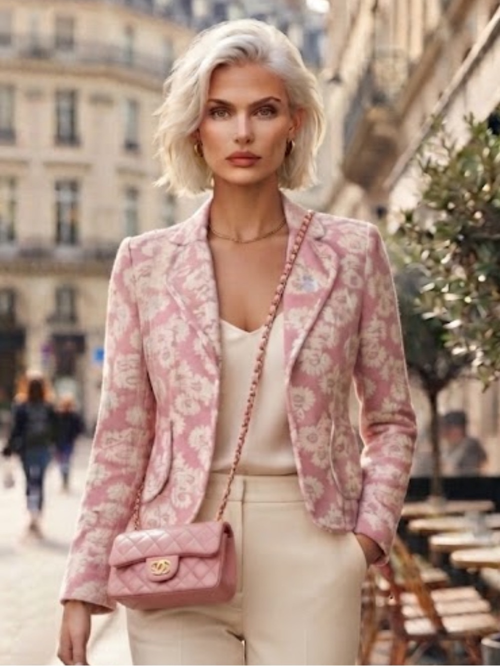 ECI New York pink white cotton silk floral blazer